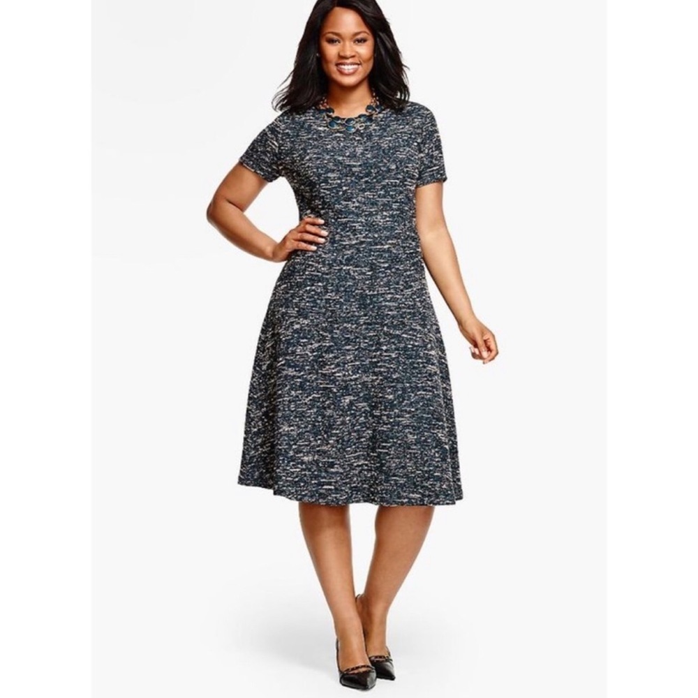 Talbots Tweed Knit Fit & Flare Dress Faux Leather Trim Green Multi Plus Size 22W